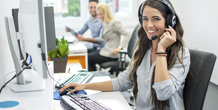 call-center agent with headset working